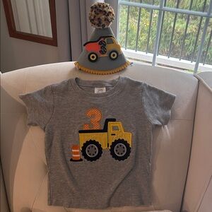 Gray Birthday T-Shirt with Yellow Truck Design and Birthday hat